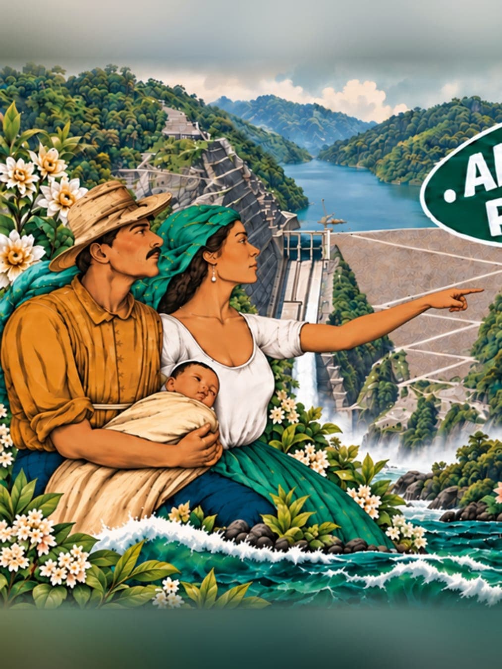 Ilustración de una familia campesina antioqueña; la mujer, con un bebé en brazos al lado, señala la presa de Hidroituango